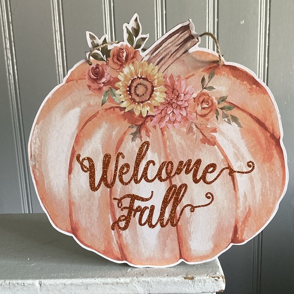 NWT- Beautiful Watercolor Glittered WELCOME FALL Floral Pumpkin Decor Sign 🌻 - Picture 10 of 12